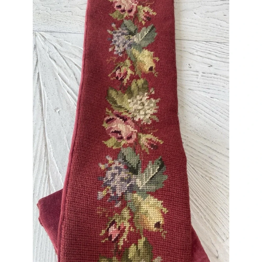 Vtg Burgundy Needlepoint Tapestry Ornate Brass Bell Pull Wall Hanging 63